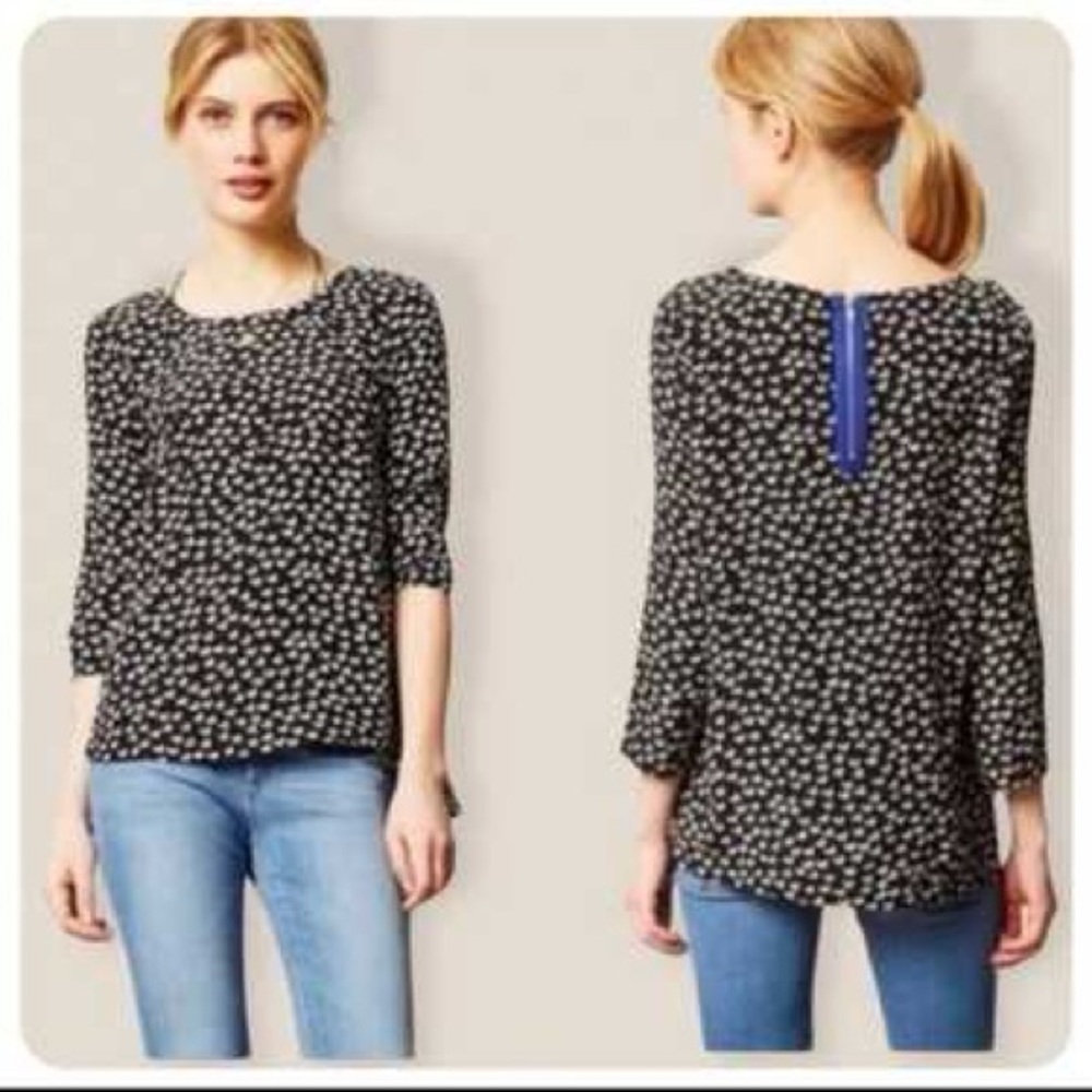 Anthropologie Brand Maeve Black Silk Blouse with Small Heart Pattern M/L